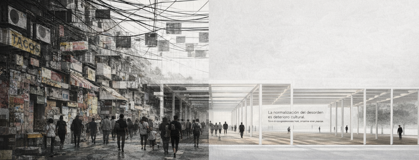 Comparación visual: caos urbano frente a arquitectura serena
